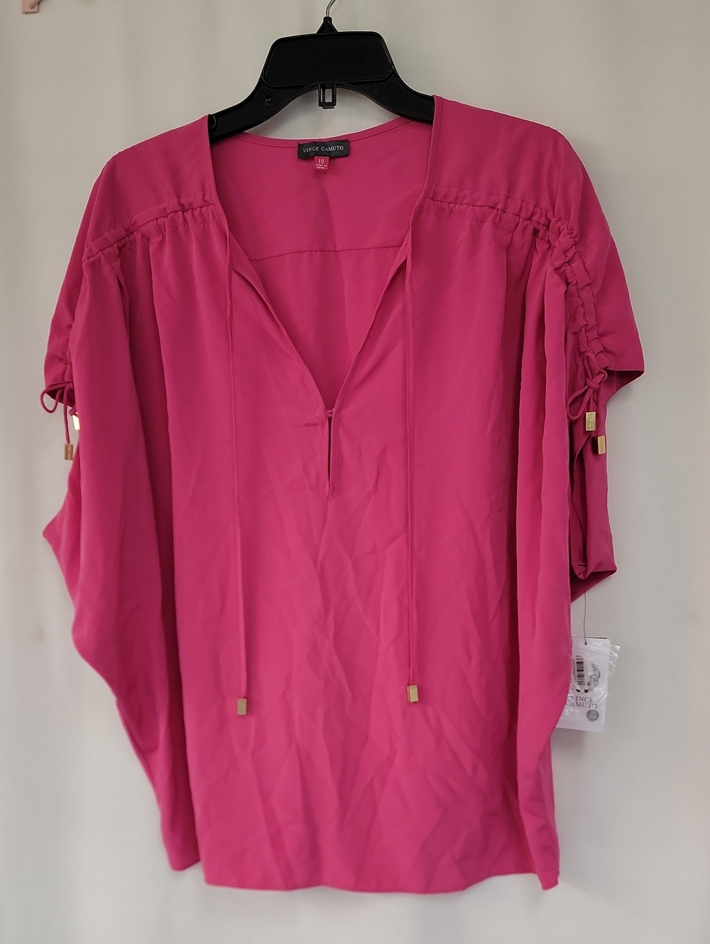 Vince Camuto Hot Pink Split-Neck Ruched Sleeve Tunic